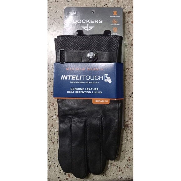 Dockers Mens Medium M Black Leather Wool Gloves Intelitouch Heat Retention Lined - Picture 1 of 10